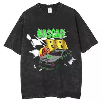 Мужская и женская летняя одежда Оверсайз Уличная одежда Футболка Гоночный принт Винтажная футболка с коротким рукавом Выстиранный трек S