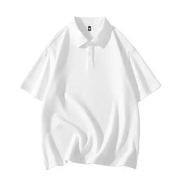 Мужская и женская летняя свободная однотонная хлопковая футболка с короткими рукавами в гонконгском стиле с двойным жемчугом и воротником-поло M