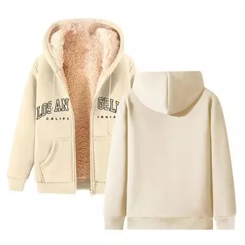 Мужская и женская мода. Одно и то же пальто с флисовой толстой толстовкой с капюшоном. Кардиган с капюшоном. L бежевый