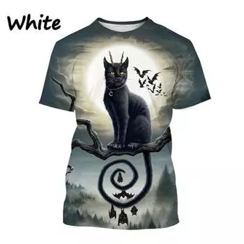 Мужская и женская модная футболка с принтом животных, мультяшным котом, круглым вырезом, короткими рукавами, повседневный топ с 3D принтом на Хэллоуин, черная кошка XL