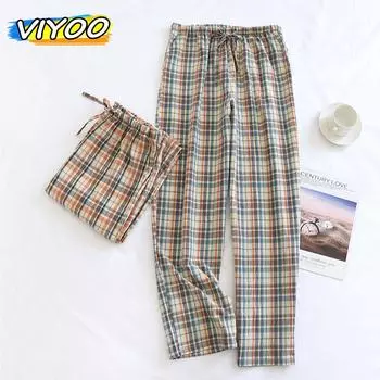 Мужская и женская модная одежда для сна, повседневные клетчатые брюки, пижамные брюки, брюки из стираного хлопка, домашняя корейская одежда 2024 XL синий