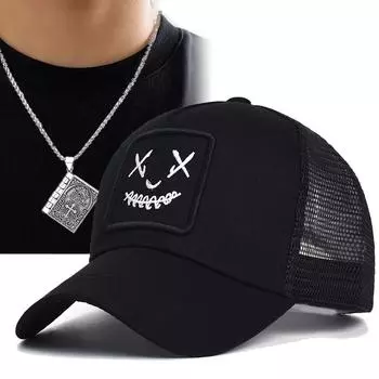 Мужская и женская модная повседневная солнцезащитная шляпа от солнца из 2 предметов, вышитый утиный язычок, дышащая сетчатая кепка, ожерелье с подвеской в виде книги, комплект для пары, спортивная бейсболка чёрный