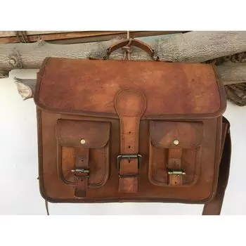 Мужская и женская натуральная винтажная коричневая кожаная сумка через плечо для ноутбука 15 x 11 x 4 in коричневый