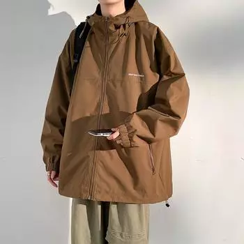 Мужская и женская одинаковая весна и осень уличное водонепроницаемое трендовое модное простое универсальное эластичное пальто с капюшоном S чёрный