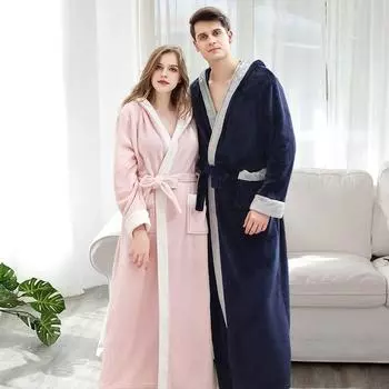 Мужская и женская осенне-зимняя пижама, фланелевая ночная рубашка с капюшоном, банный халат из кораллового бархата, утолщенная, удлиненная, мягкая, ночная одежда для пар M