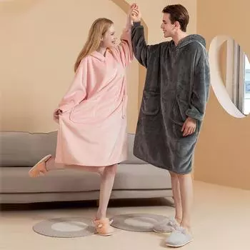 Мужская и женская осенне-зимняя утепленная домашняя одежда с капюшоном для пар, двухслойное ленивое одеяло, однотонная фланелевая домашняя одежда чёрный