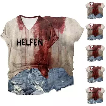 Мужская и женская повседневная свободная футболка с принтом, пуловер с v-образным вырезом и короткими рукавами