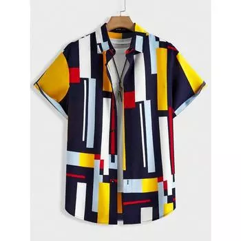 Мужская и женская рубашка повседневного дизайна с короткими рукавами, модный принт на пуговицах, интересный блочный принт S