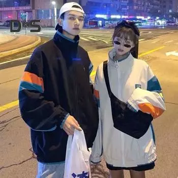 Мужская и женская свободная куртка с воротником-стойкой в стиле ретро, с длинным рукавом, уличная бейсбольная куртка, пальто с цветными блоками, пальто для любителей осени и зимы M хаки