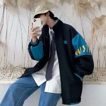 Мужская и женская свободная куртка с воротником-стойкой в стиле ретро, с длинным рукавом, уличная бейсбольная куртка, пальто, цветные блоки, любители M хаки