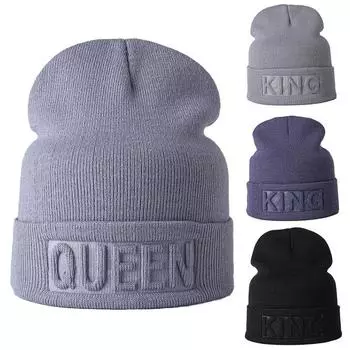 Мужская и женская теплая шапка-бини для пар Skullies с тиснением в стиле хип-хоп King and Queen, повседневная зимняя лыжная шапка, вязаная шапка