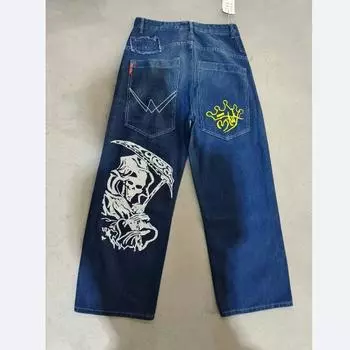 Мужская и женская уличная одежда Y2K в стиле хип-хоп Харадзюку, модные многокарманные потертые мешковатые джинсы, повседневные готические широкие брюки с высокой талией L синий