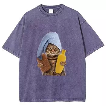 Мужская и женская винтажная футболка с принтом милого кота, принимающего ванну, модный и летний свободный топ S