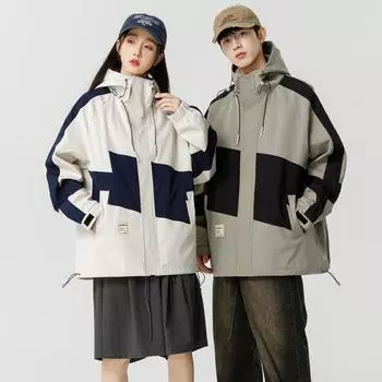Мужская и женская водонепроницаемая цветная куртка с капюшоном, весна и осень, новая повседневная корейская версия модных комбинезонов, верхнее пальто S чёрный