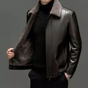 Мужская интегрированная кожаная куртка из кожи и меха. Натуральная кожа из овчины для мужчин среднего и пожилого возраста. Плюшевое и утолщенное зимнее теплое папино пальто. 4XL