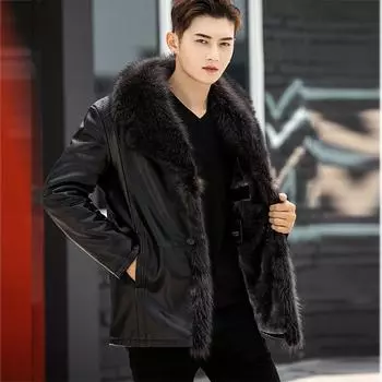 Мужская интегрированная куртка из искусственного меха с длинным меховым воротником, меховая плюшевая и утепленная кожаная куртка, мужская зимняя теплая кожаная куртка