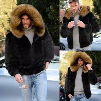 Мужская искусственная куртка, теплое пальто с толстым воротником, куртка с капюшоном, кардиган XXXL чёрный