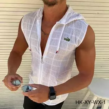 Мужская кардиганная футболка с короткими рукавами и капюшоном на молнии с вышивкой, летняя новая модная клетчатая футболка без рукавов для мужского топа с лацканами S