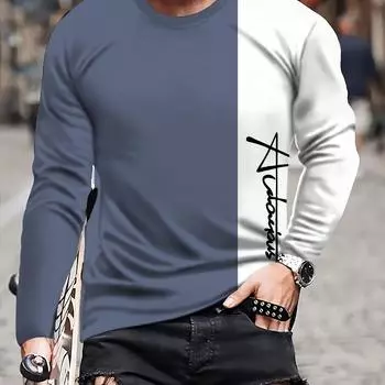 Мужская классическая модная футболка с длинным рукавом и принтом в виде цветных блоков, повседневный спортивный комфортный топ с круглым вырезом, стильная весенняя футболка в стиле кэжуал S