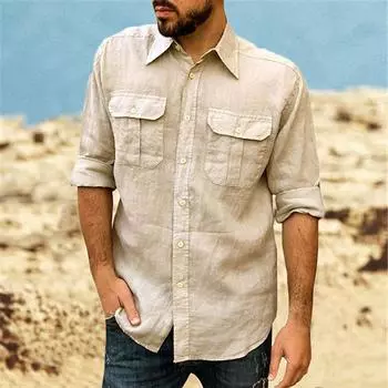 Мужская классическая рубашка из хлопка и льна с двумя карманами и длинным рукавом, повседневные топы с лацканами, однотонная легкая рубашка, модная мужская одежда S чёрный