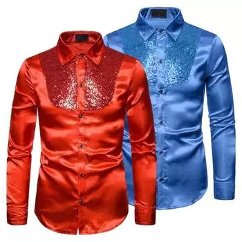 Мужская классическая рубашка с блестками, блестящая металлическая свадебная рубашка с лацканами, рубашка на пуговицах с длинными рукавами, однотонная S золотистый