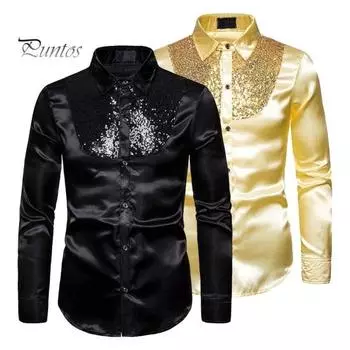 Мужская классическая рубашка с блестками, блестящая металлическая свадебная рубашка, рубашка на пуговицах с лацканами и длинными рукавами, однотонная приталенная рубашка S золотистый