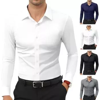 Мужская классическая рубашка с длинным рукавом и лацканами, рубашка на пуговицах, однотонная официальная деловая рубашка для работы, свиданий, собеседований, свадеб S серый