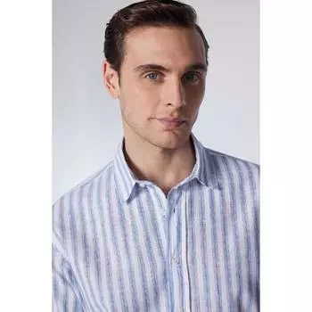 Мужская классическая рубашка стандартного кроя с длинным рукавом из 100% хлопка и льна с текстурой, сложенная полосатая рубашка с рукавами