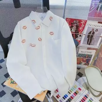 Мужская классная осенняя белая рубашка с длинным рукавом и принтом губ 2XL белый