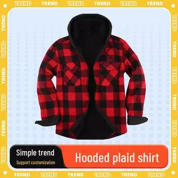 Мужская клетчатая куртка с капюшоном и флисовой подкладкой — большие размеры, с длинным рукавом, теплая, повседневная зимняя одежда XXL красный