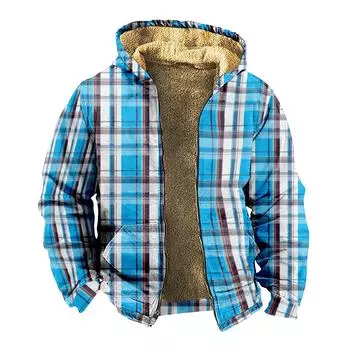 Мужская клетчатая куртка с принтом, мужская весенняя и повседневная модная куртка с капюшоном на молнии L синий