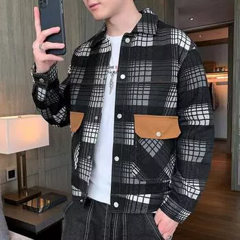 Мужская клетчатая куртка весна и осень новая мода лацкан мужская куртка топы универсальная куртка модный бренд повседневный мужской M