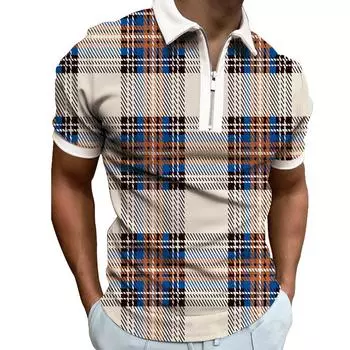 Мужская клетчатая полосатая рубашка-поло в деловом стиле с коротким рукавом и молнией из дышащего эластичного материала XL