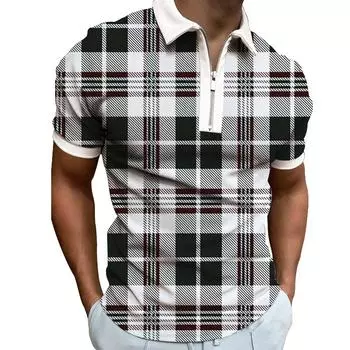 Мужская клетчатая полосатая рубашка-поло в деловом стиле с коротким рукавом и молнией из дышащего эластичного материала S чёрный