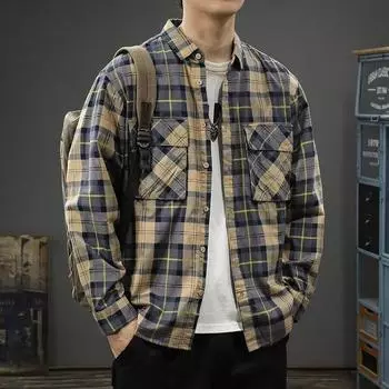 Мужская клетчатая ретро-американская рубашка с лацканами и длинными рукавами XXXXXL зелёный