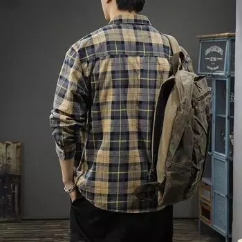 Мужская клетчатая ретро-американская рубашка с лацканами и длинными рукавами L зелёный