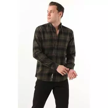 Мужская клетчатая рубашка без карманов цвета хаки