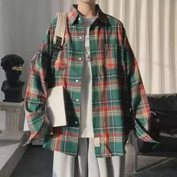 Мужская клетчатая рубашка/куртка свободного покроя, стиль Гонконг и Япония, уникальный парный дизайн XL 130-145 lbs