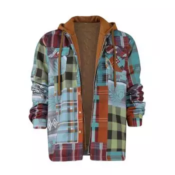 Мужская клетчатая рубашка на стеганой подкладке на пуговицах с бархатной теплой курткой с капюшоном M циан