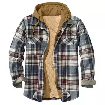 Мужская клетчатая рубашка на стеганой подкладке на пуговицах с бархатной теплой курткой с капюшоном(Непозиционная печать) XXXXL хаки