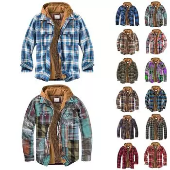 Мужская клетчатая рубашка на стеганой подкладке на пуговицах с бархатной теплой курткой с капюшоном(Непозиционная печать) L