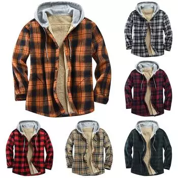 Мужская клетчатая рубашка на стеганой подкладке на пуговицах с бархатной теплой курткой с капюшоном XL зелёный