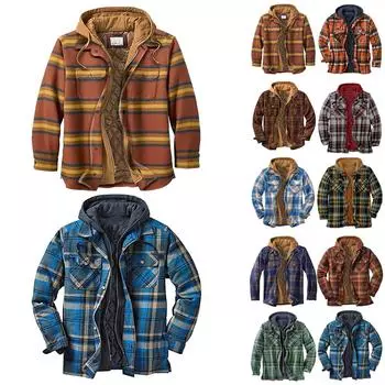 Мужская клетчатая рубашка на стеганой подкладке на пуговицах с бархатной теплой курткой с капюшоном L синий