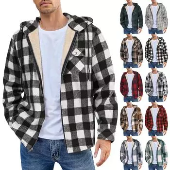 Мужская клетчатая рубашка на стеганой подкладке на пуговицах с бархатной теплой курткой с капюшоном XL чёрный