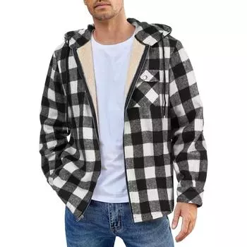 Мужская клетчатая рубашка на стеганой подкладке на пуговицах с бархатной теплой курткой с капюшоном S хаки