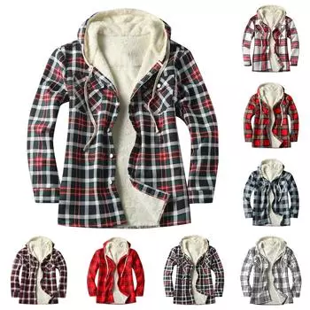 Мужская клетчатая рубашка на стеганой подкладке на пуговицах с бархатной теплой курткой с капюшоном L зелёный