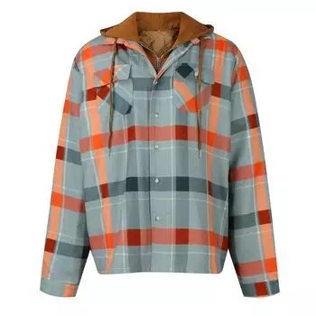 Мужская клетчатая рубашка на стеганой подкладке на пуговицах с бархатной теплой курткой с капюшоном XXL оранжевый
