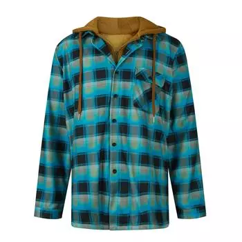 Мужская клетчатая рубашка на стеганой подкладке на пуговицах с бархатной теплой курткой с капюшоном XXXL светло-синий
