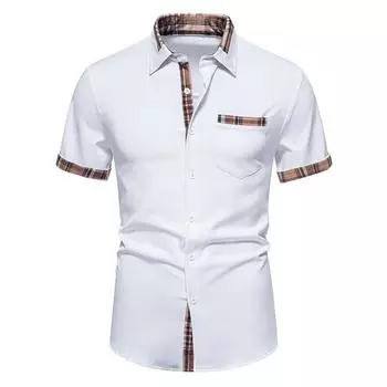 Мужская клетчатая рубашка с цветными блоками, повседневные однобортные повседневные рубашки с короткими рукавами и карманами L чёрный