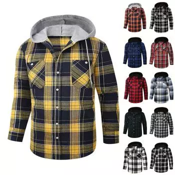 Мужская клетчатая рубашка с длинным рукавом, мужская толстовка с капюшоном и карманами на пуговицах